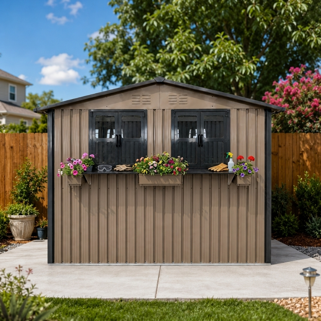 9x6 FT Outdoor Metal Storage Shed With Window & Flower Rack, Lockable Double Doors Tool Shed, Waterproof Weatherproof Garden Shed For Patio Brown Black