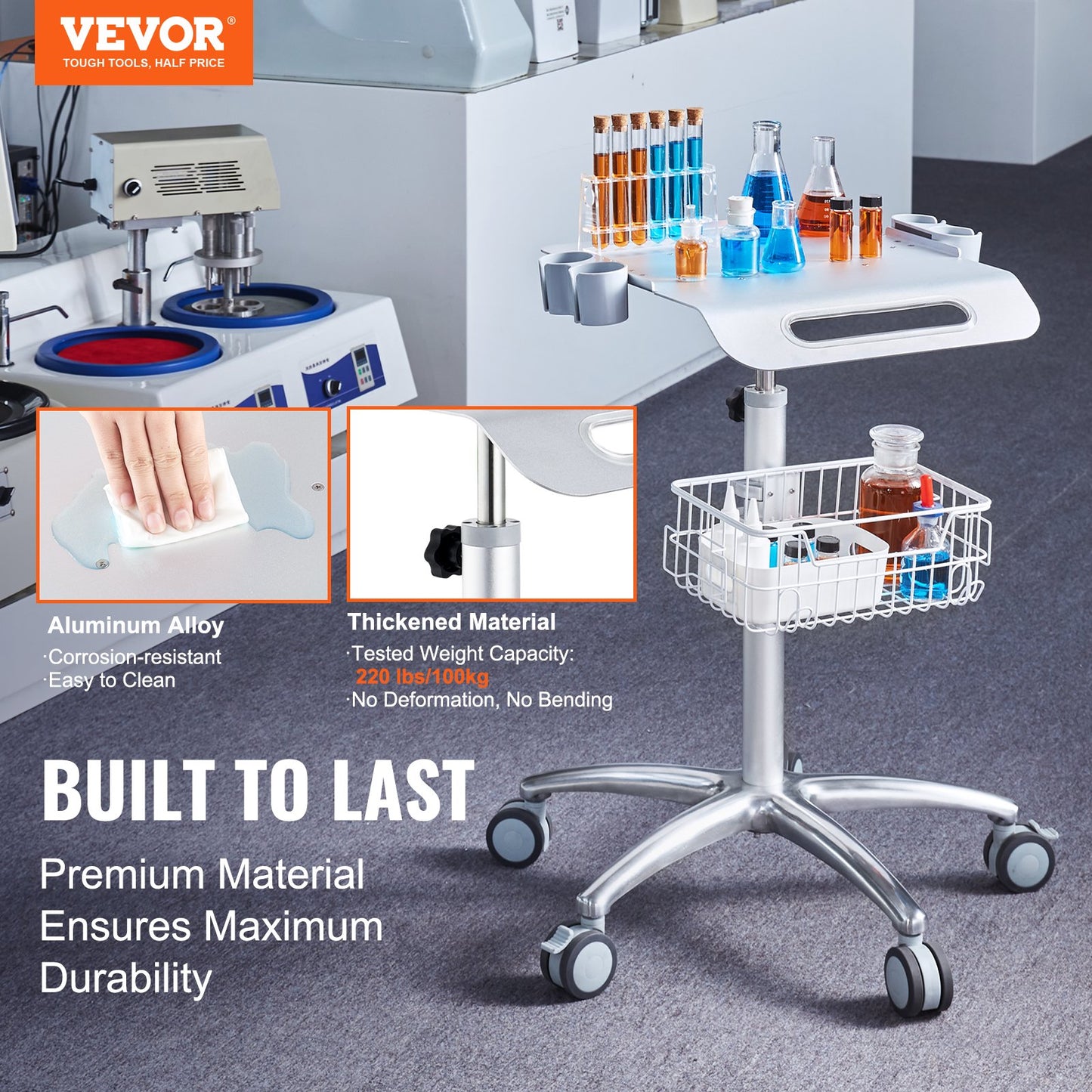 Medical Cart, Salon Cart With Wheels, Mobile Trolley Cart 26.77'-42.91' Height Adjustable, Metal Salon Stations For Hair Stylist, Rolling Desktop Lab Cart For Clinic, Beauty And Salon