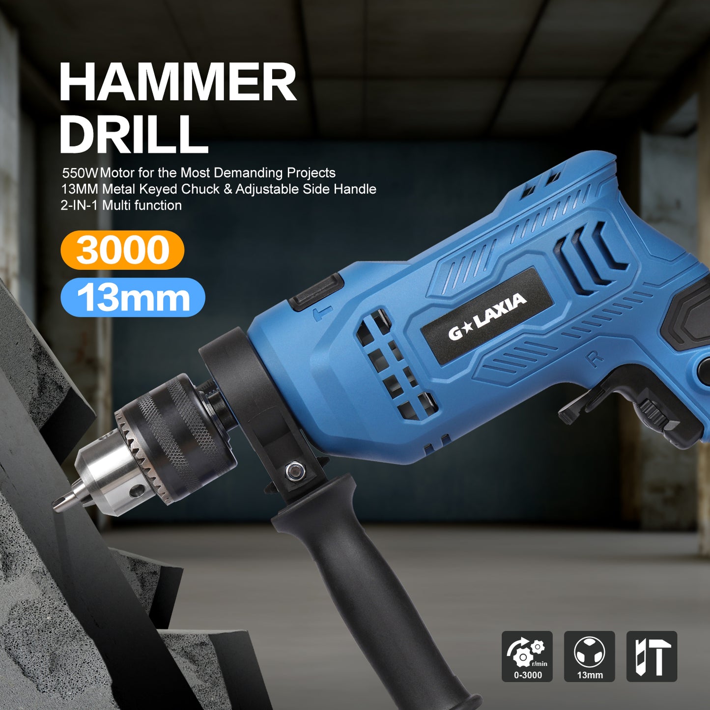 G LAXIA 550W Hammer Drill, Speed Variable 3000 RPM, 13mm  Chuck, Electric Hammer And Drill 2-in-1 ,Package Contains 105 Accessories