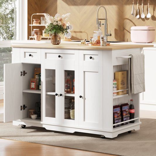 Kitchen Island, Removable Dividers, Kitchen Cabinet, Dining Cart With Countertop, Buffet Cabinet, Wood-Grain Dining Cart, Buffet Cabinet, Tempered Glass Cabinet, White