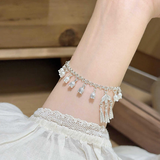 1pc 999 Sterling Silver Lily Of The Valley Tassel Bracelet, Delicate Chinese Style, Perfect For Daily Wear And Holiday Gift