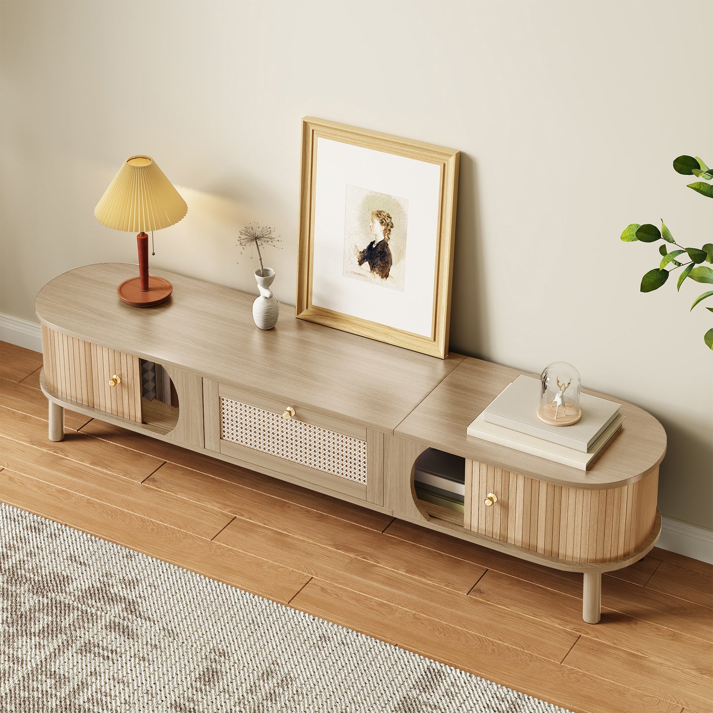 TV Cabinet TV Stand With Solid Natural Wood Doors And Rattan Drawers. Natural Storage Solutions For A Rustic Atmosphere