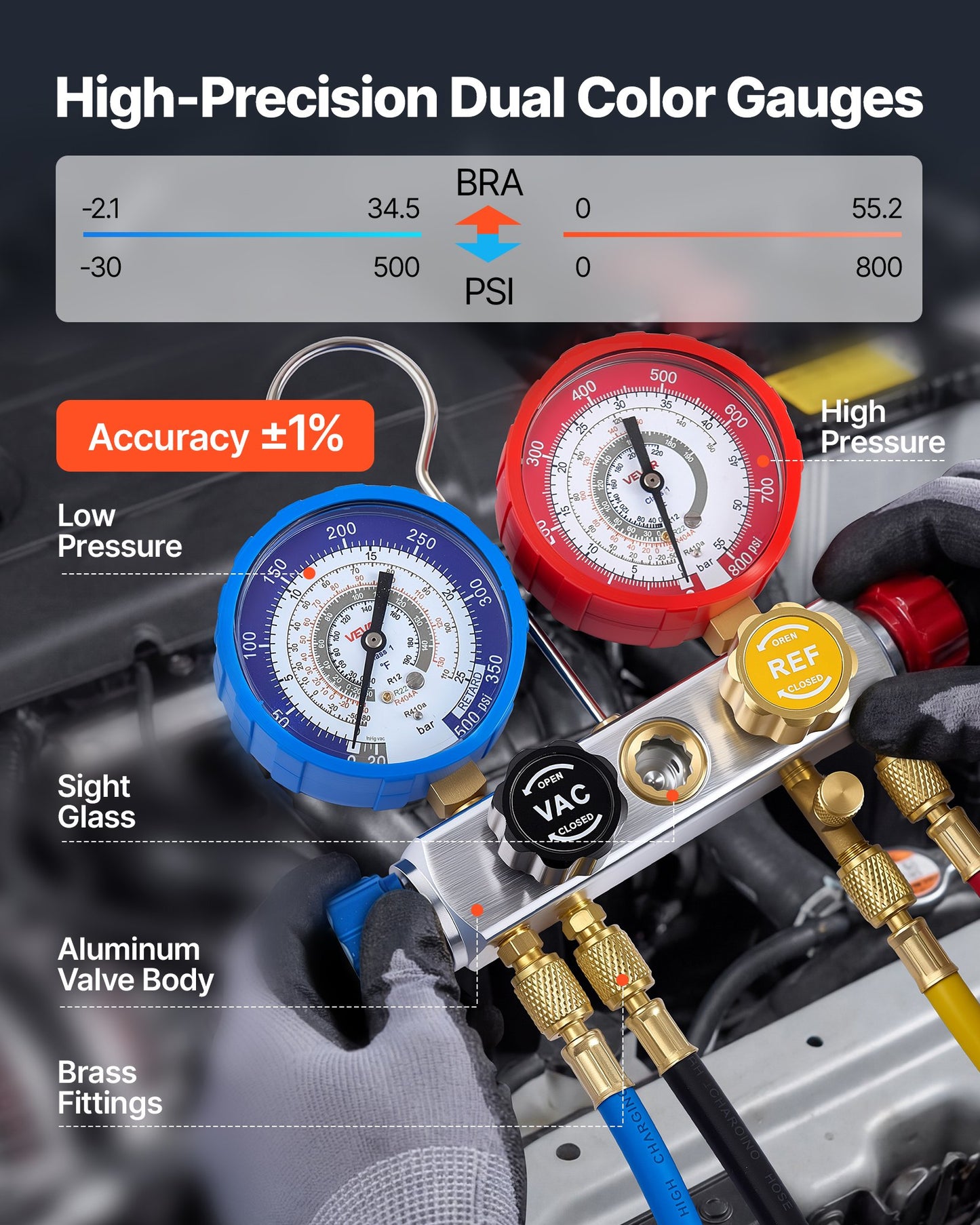AC Manifold Gauge Set For R22 R404A R410A R12 Refrigerants, 4 Way AC Gauges With 5 Ft Hoses For Automotive & Household Air Conditioning Maintenance, Evacuation Vacuuming Charging And Recovery