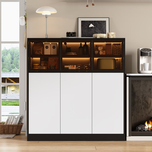Sideboard, Kitchen Cabinet, Storage Cabinet. Suitable For Living Room, Kitchen, Dining Room, With Lighting, 3 Glass Doors, 3 White Doors, Old Sku N657P36865556S