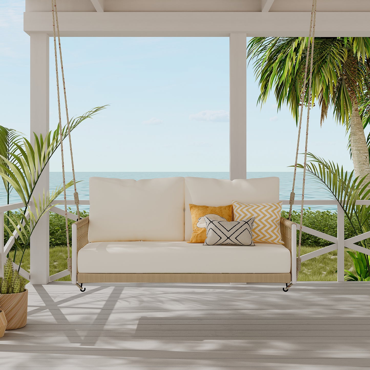 TREXM 1-Piece Woven Rope Outdoor Swing Sofa With Soft Cushions Seating 2 For Patio, Courtyard And Balcony  Beige