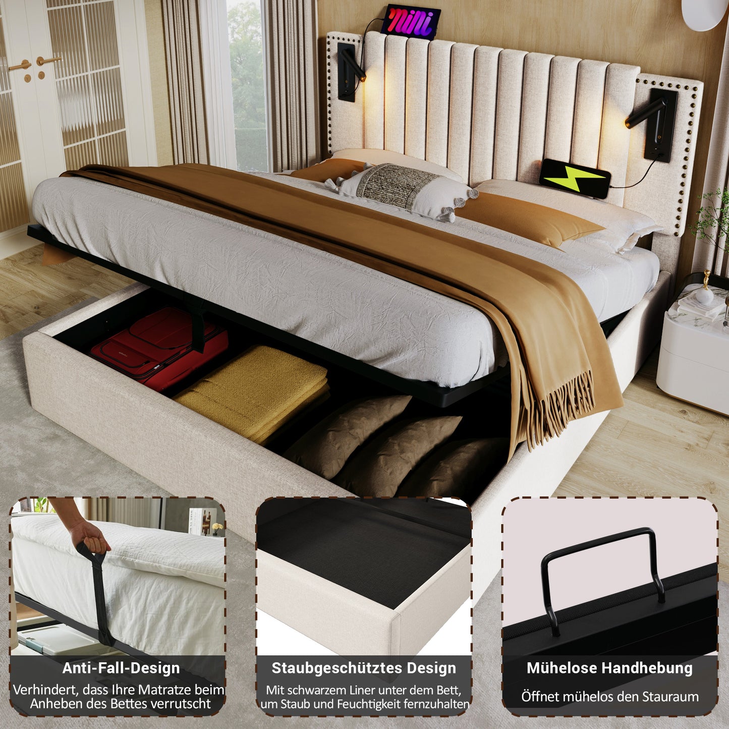 Upholstered Bed 180x200,double Bed Storage Storage Bed Drawer,reading Light With USB Charging Function Headboard,backrest With Rivet Design,bed With Slatted Base And Bed Box, Cotton, Beige