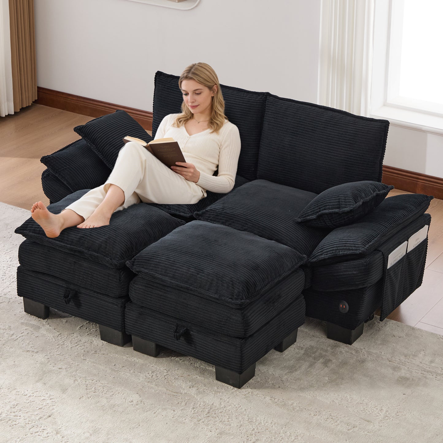 Modular 2-seater Corduroy Sofa  With 2 Stools Wide Seat, Ergonomic Design, High-density Foam Padding, USB-C Port And Side Pockets. Ideal For The Living Room, Office Or Lounge.Black