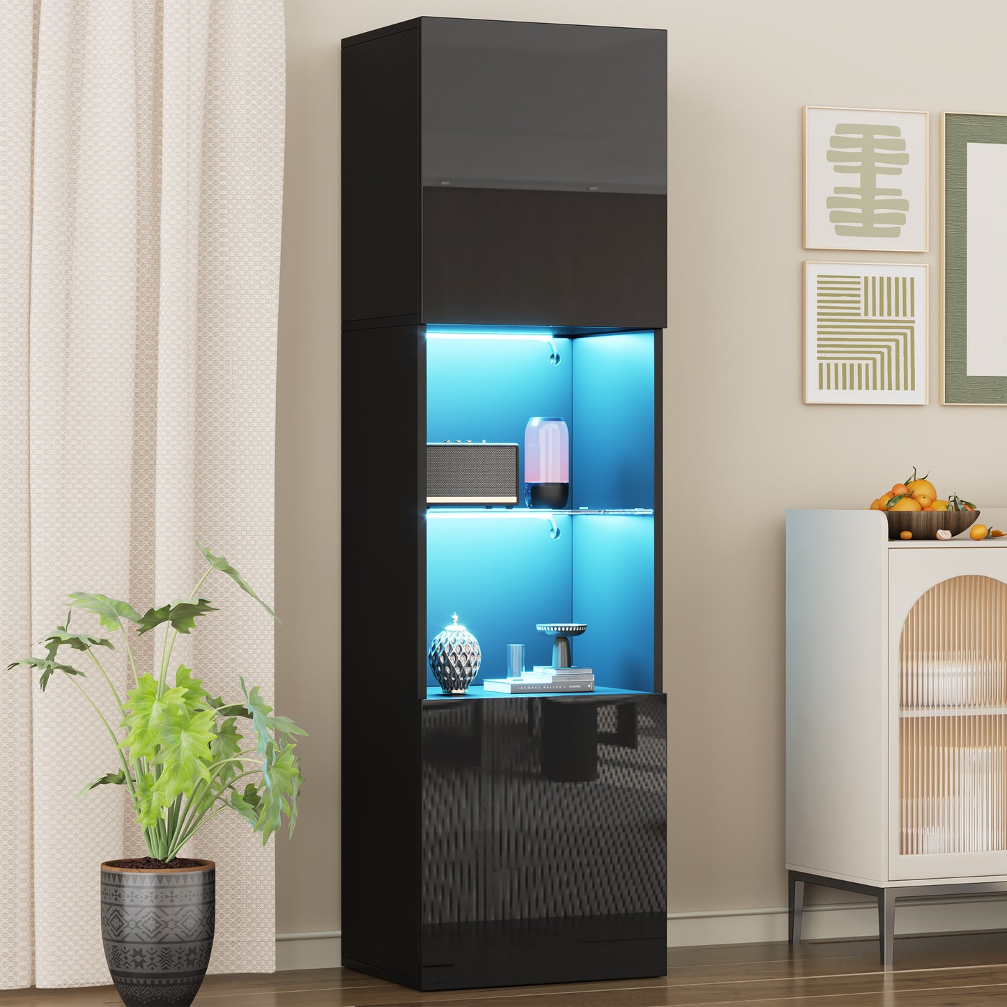 High-gloss Black Display Cabinet With LED Lighting, 1 Glass Shelf,Display Cabinet, Freestanding Display Cabinet, Tall Cabinet, Storage Cabinet