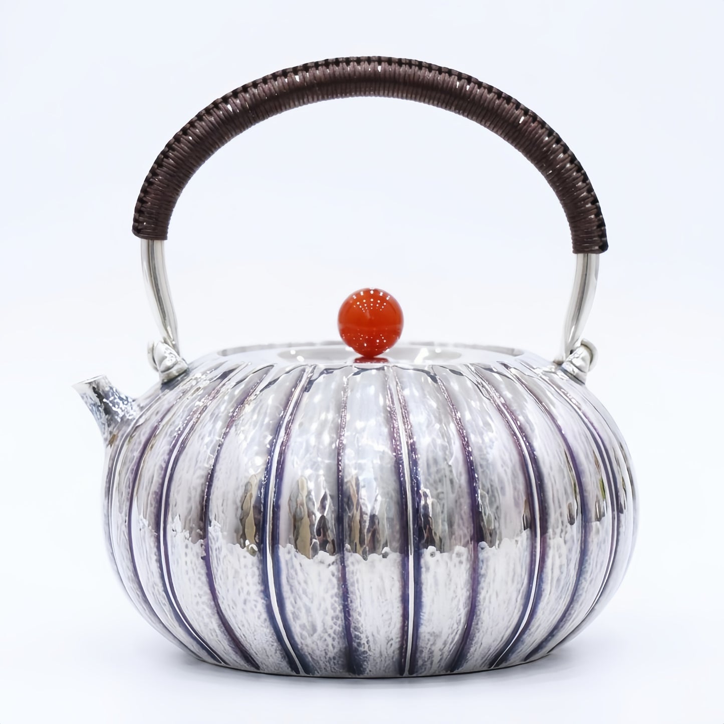 Pure 999 Fine Silver Hand-Hammered Silver Teapot with Ribbed Body and Red Agate Finial - Handicraft