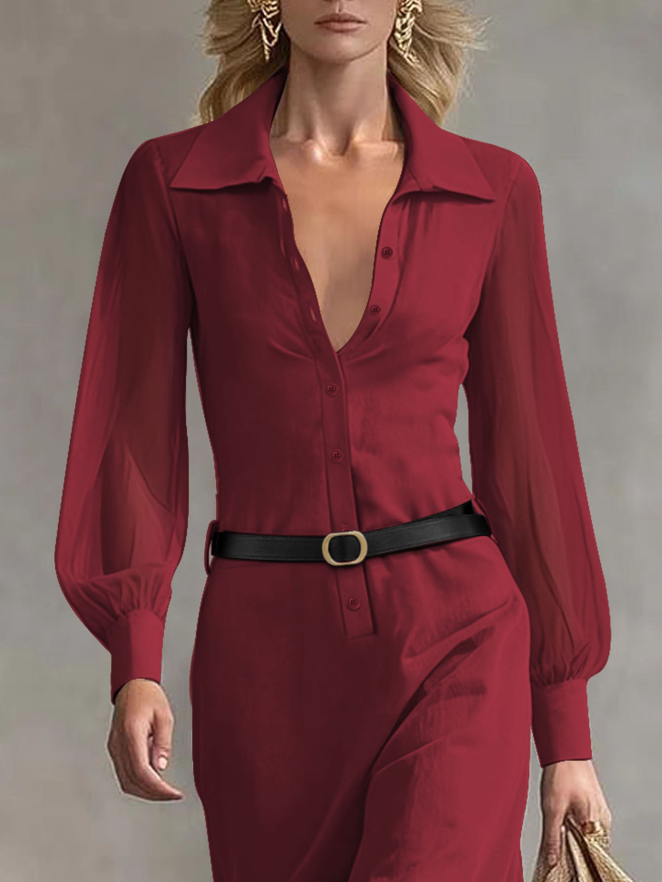 Women's Collared Neck Sheer Puff Sleeve Button Front Belted Maxi Shirt Dress Elegant Office Wear Maxi Dress