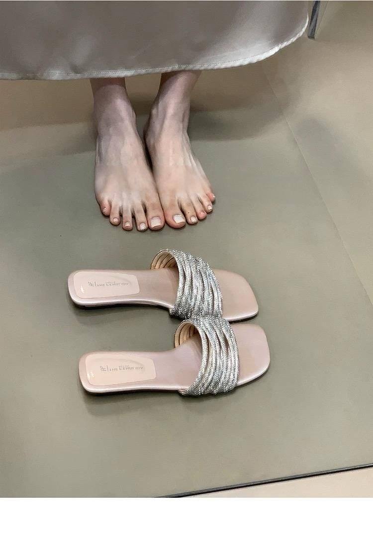 Women Rhinestone One Strap Slides, Fairy Style Sweet Vacation Outdoor Summer Sandals For Dresses