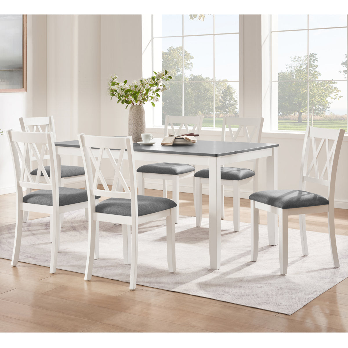 Modern 7-Piece Solid Wood Dining Set with 6 Upholstered Chairs – Grey & White Two-Tone Rectangular Table for 6, Space-Saving Kitchen & Dining Room Set, Easy Assembly