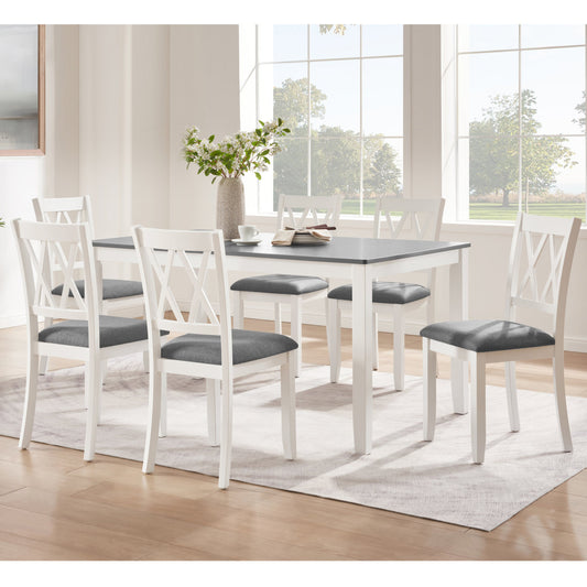 Modern 7-Piece Solid Wood Dining Set with 6 Upholstered Chairs – Grey & White Two-Tone Rectangular Table for 6, Space-Saving Kitchen & Dining Room Set, Easy Assembly