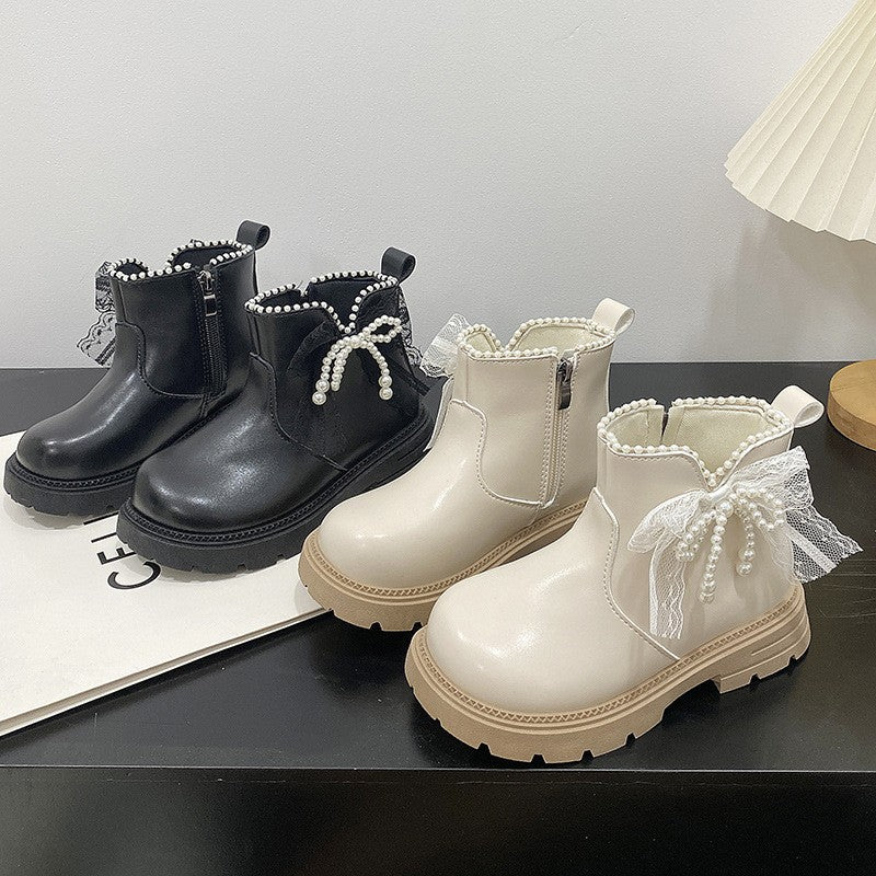 2026 Spring New Princess Boots For Girls, Kids Martin Boots, Bow & Pearl Decor Soft Sole Leather Boots For Big & Medium Kids