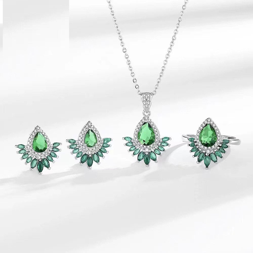 Cross-border Live Broadcast New Product Emerald Tourmaline Full Diamond Necklace Women's High-end Jewelry Ring Earrings Jewelry Suit