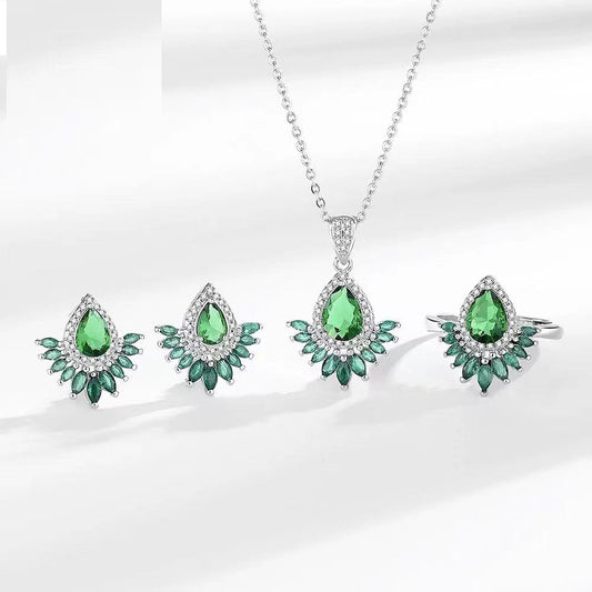 Cross-border Live Broadcast New Product Emerald Tourmaline Full Diamond Necklace Women's High-end Jewelry Ring Earrings Jewelry Suit