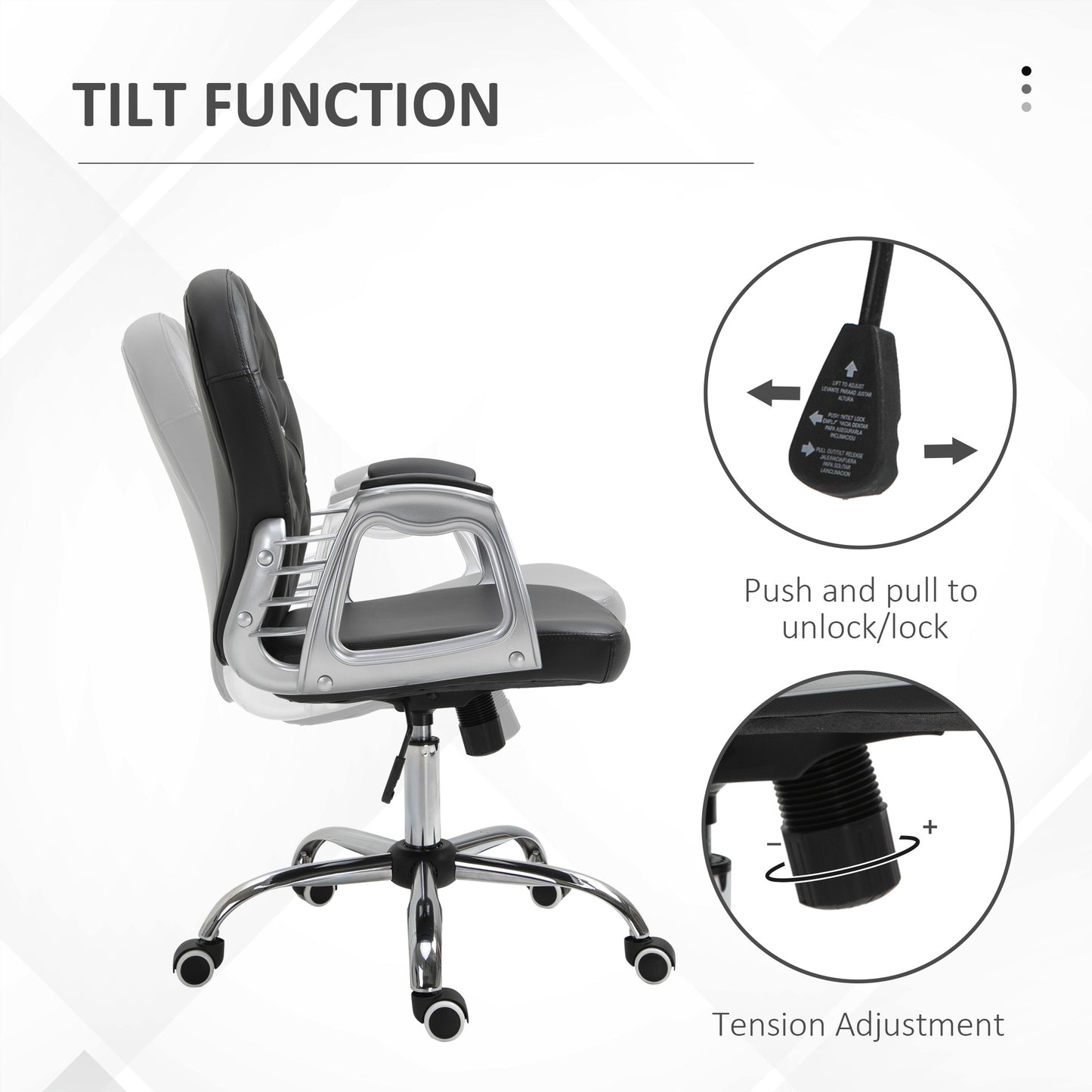 Makeup Vanity Chair, PU Leather Computer Task Chair with Button Tufted, Padded Armrests, Adjustable Height and Swivel Wheels, Black