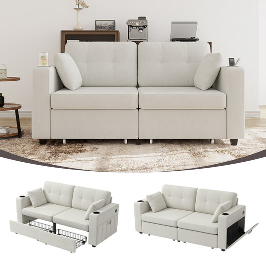 Two-seater Sofa With Two Storage Drawers And USB Charging Ports, With Cup Holders And Side Pockets, Equipped With Hidden Storage Compartments. Suitable For Living Rooms, Apartments And Reading Corners