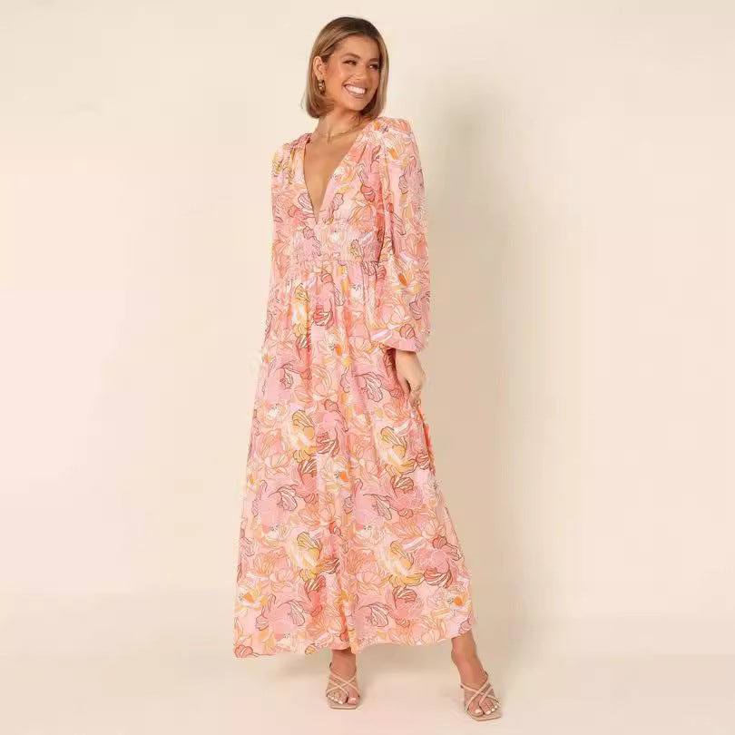 Printed Backless Deep-V Sexy Best-selling Long-sleeve Dress