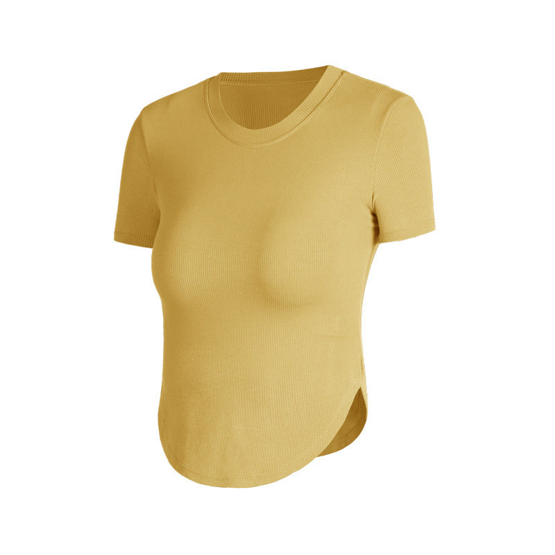 Rib Sports Short-sleeved Blouse With Chest Pad Workout Clothes Running T-shirt Beauty Back Tight