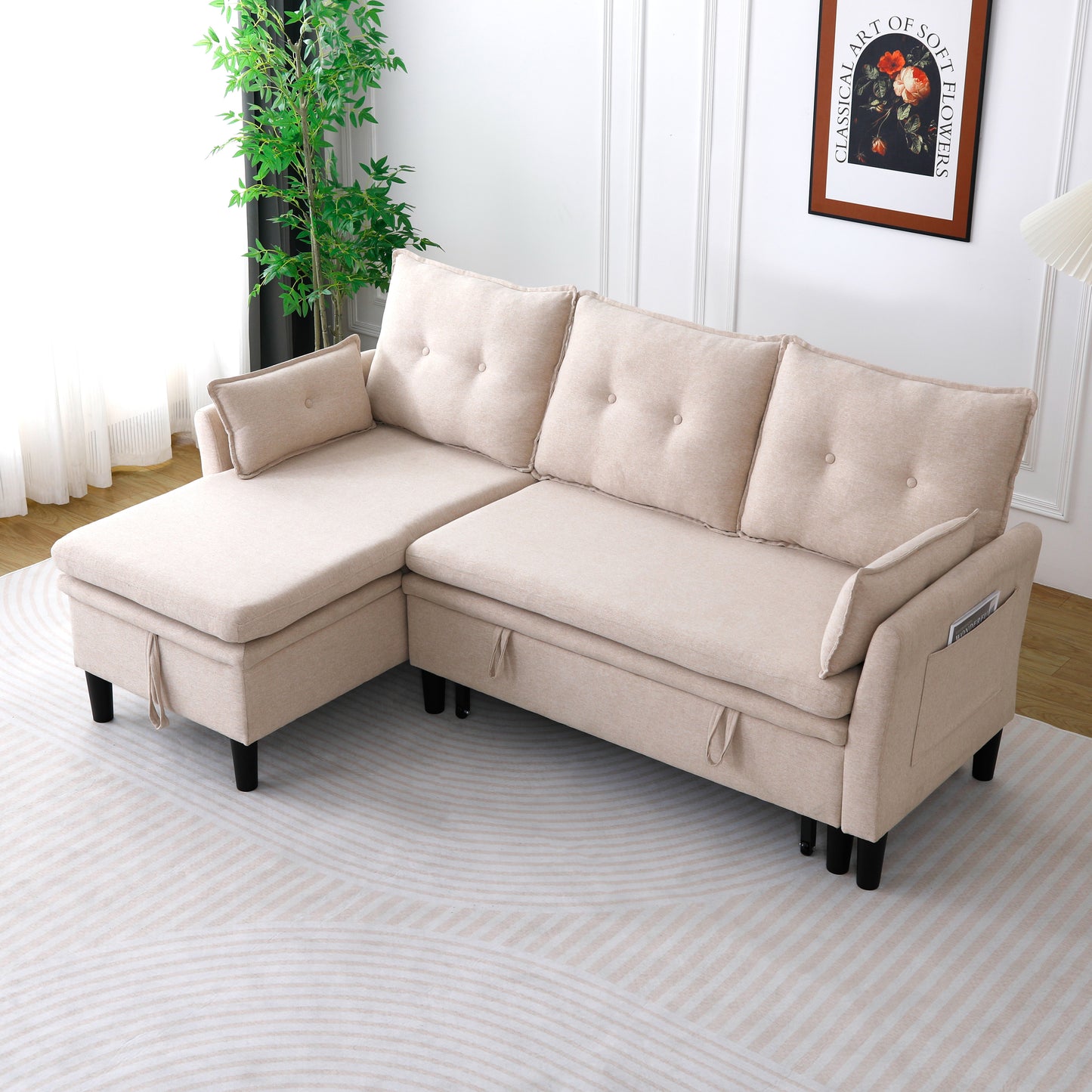 L-Shaped Reversible Chaise Sectional Sofa With Storage - Cotton-Linen, Beige, Office & Apartment Ready