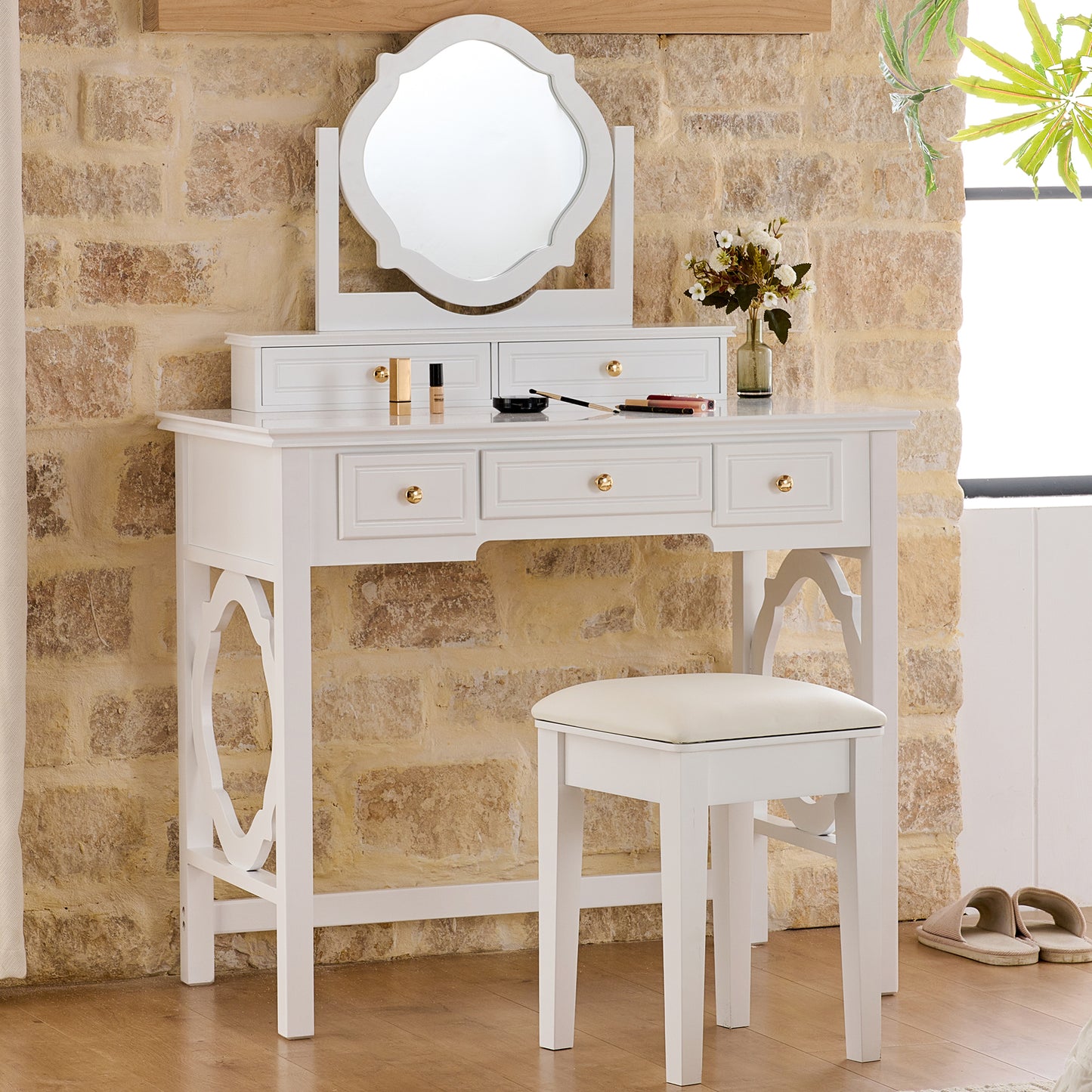 Compact Makeup Vanity Table With Reversible Mirror, Dressing Table Set With Stool, Space-Saving Beauty Station For Small Places, White