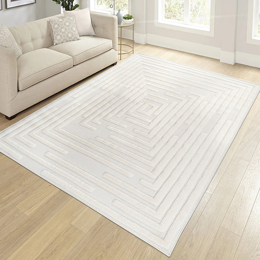 Step Collection High-Low Striped Cream Indoor Area Rug, 6'7''x9', Modern, Contemporary, Geometric, Bohemian, Bedroom, Kitchen, Living Room, Non Shedding Carpet