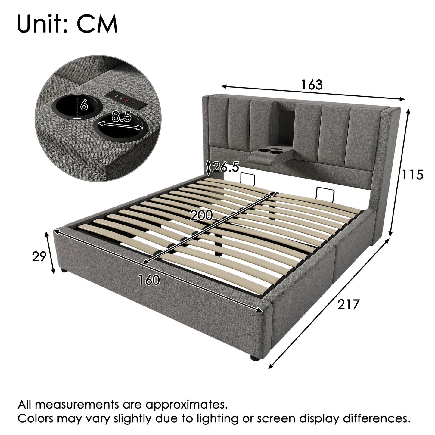 Upholstered Bed 160x200 Cm Double Bed With Hidden Cup Holder & Charging Station, Hydraulic Bed With Storage Space Under The Bed, Incl. Slatted Frame, Linen Grey  Without Mattress