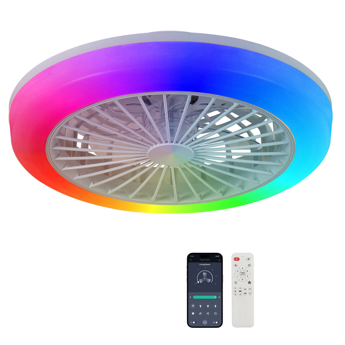 18 Inch Ceiling Fan With RGB Light Remote, Smart LED Ceiling Fans With Remote App Control, Modern Low Profile Dimmable Light Ceiling Fan For Bedroom Living Room White