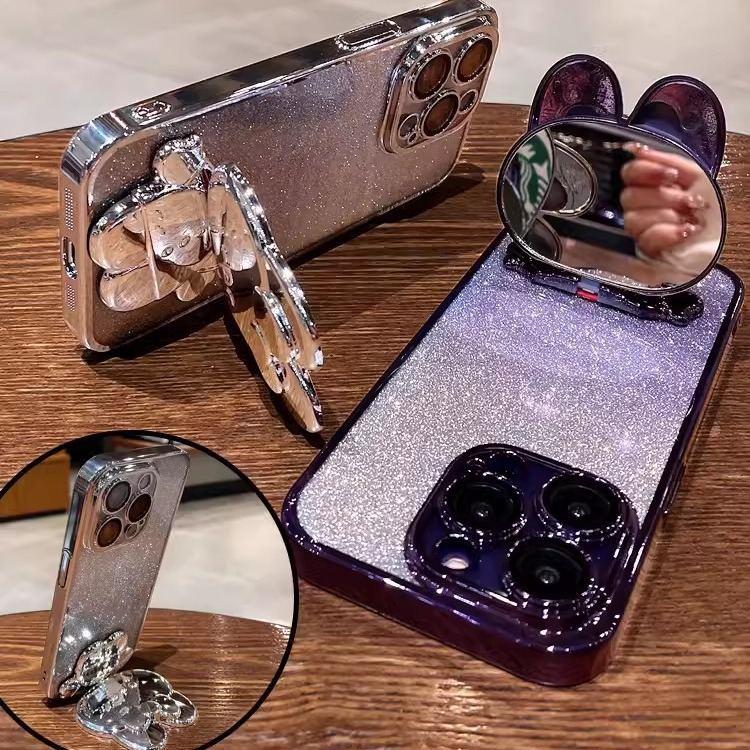 Electroplated Rabbit Stand Phone Case With Makeup Mirror Gradient Protective Cover