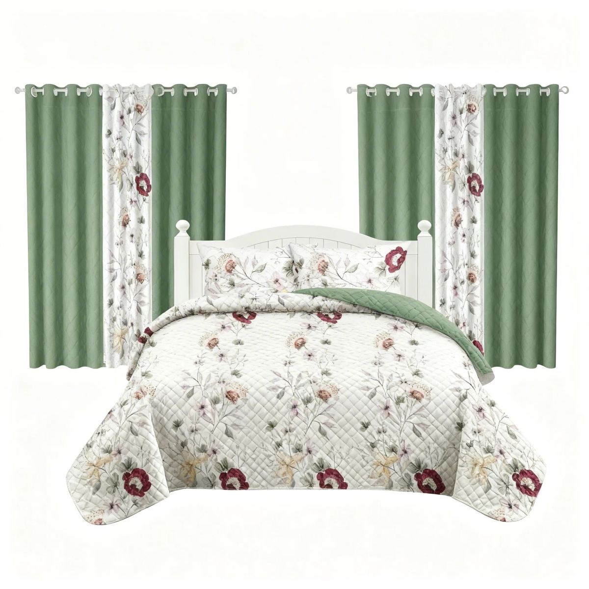 9 Piece Room In A Bag Quilt And Curtain Set, US Designer Sage Green Botanical Floral Print Heavyweight Bedspread With 6 Customizable Window Panels, Pet-Friendly High GSM Coverlet