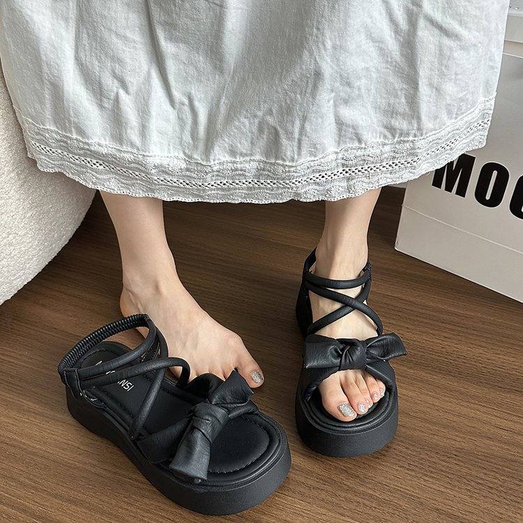 Women Summer New French Style Bow Platform Slide Sandals, Open Toe Outdoor Slip On Sandals Match Dresses