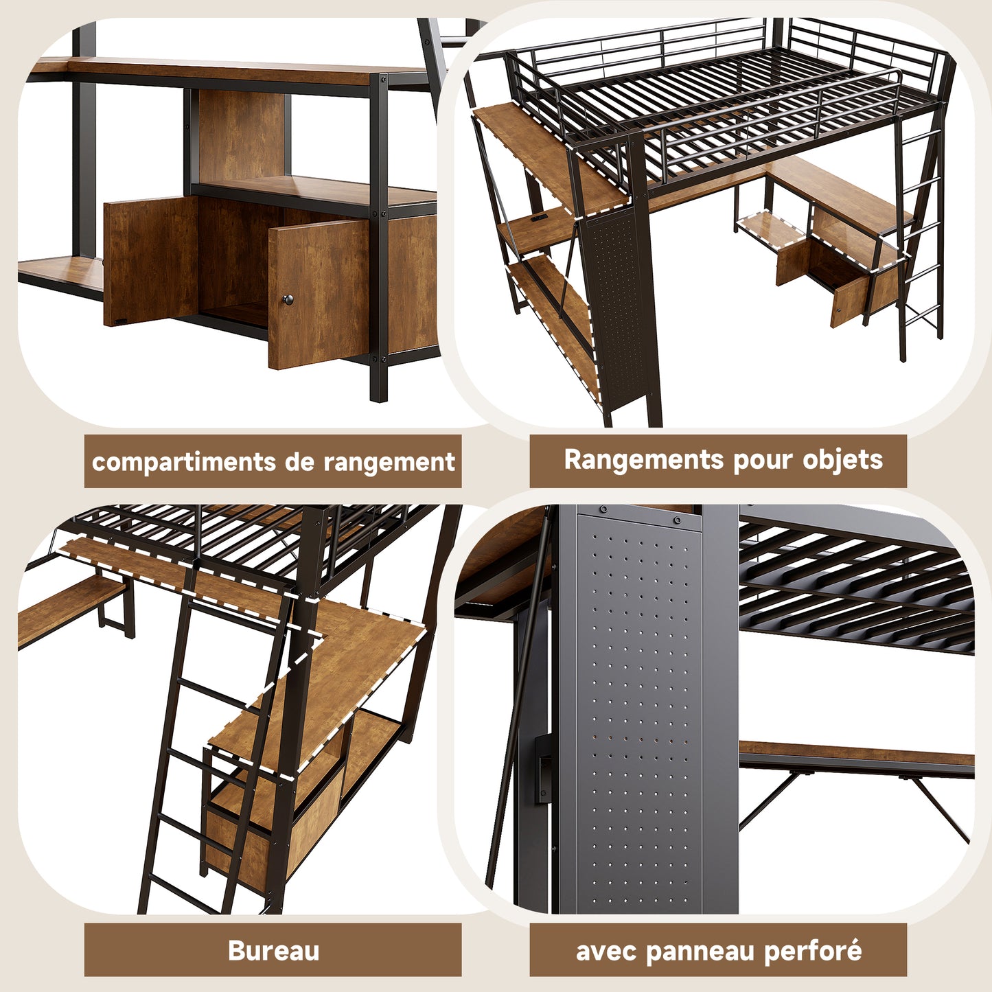 Loft Bed, 90 X 200 Cm, Iron Frame, With LED Light Strip, Desk, Storage Space, Several Shelves, Perforated Wall, USB Port, Without Mattress, Black