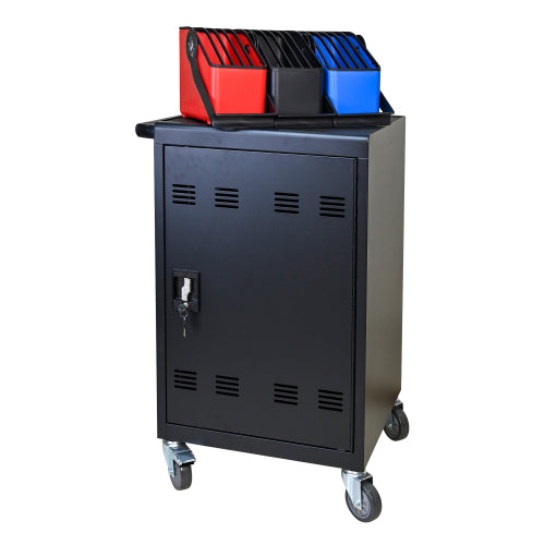 Tablet Laptop 32-bit-Plastic Device Basket Device For Mobile Charging Trolley- Includes Cable Management Dividers, Cable Clips, Storage Compartment, And Removable Doors  Black