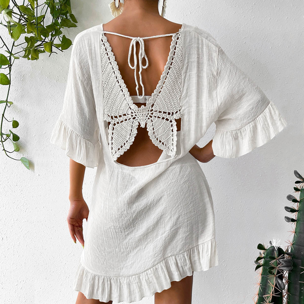 New V Neck Flare Sleeve Back Butterfly Print Sun Protection Dress, Bestseller Beach Cover Up Dress For Amazon