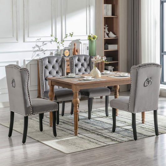 Velvet Dining Chairs Set Of 4 With Oak Legs, Knob, Chrome Knocker And Nailhead Trim Bedroom Chair Kitchen Chair Living Room Lounge Leisure Chair, Gray