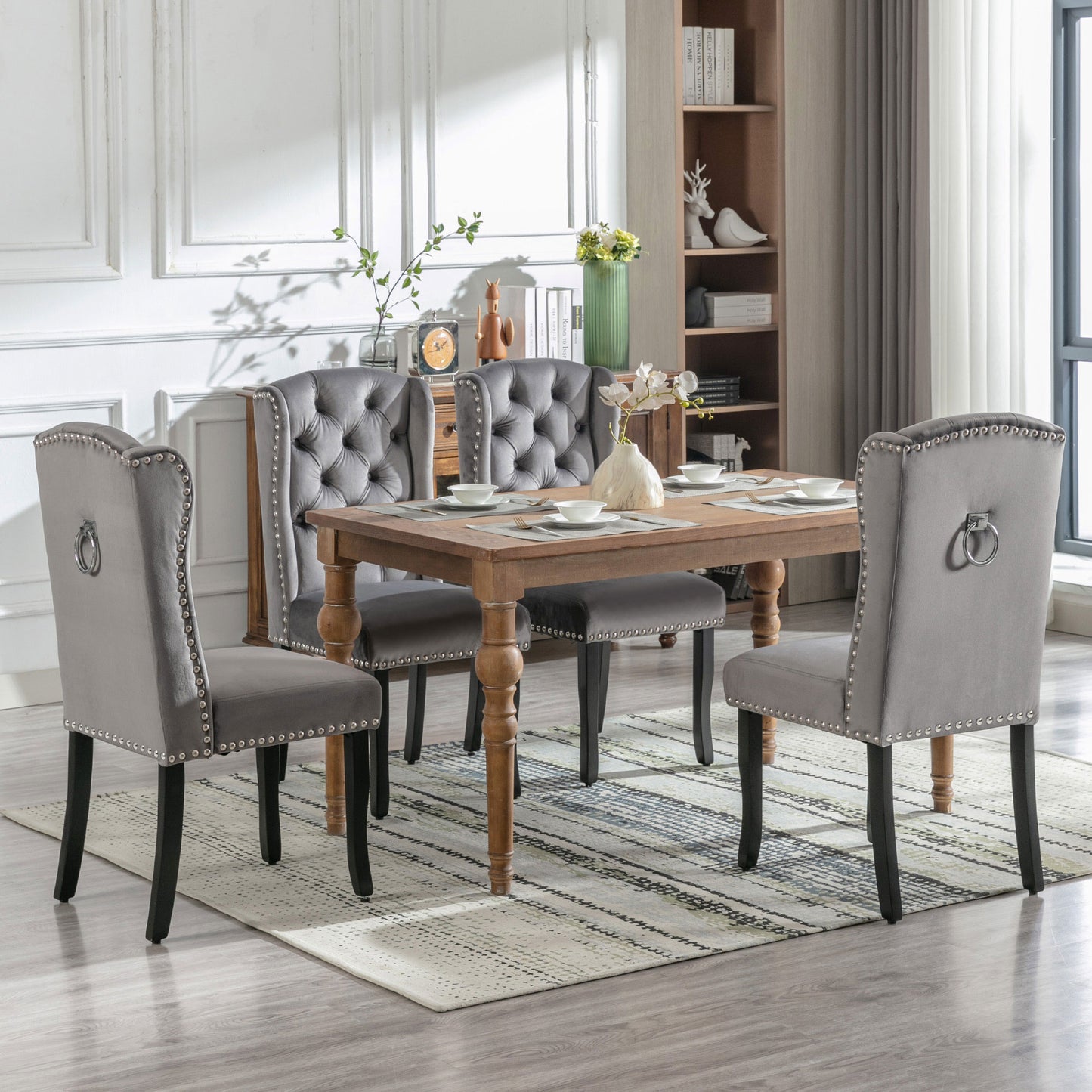 Velvet Dining Chairs Set Of 6 With Oak Legs, Knob, Chrome Knocker And Nailhead Trim Bedroom Chair Kitchen Chair Living Room Lounge Leisure Chair, Grey