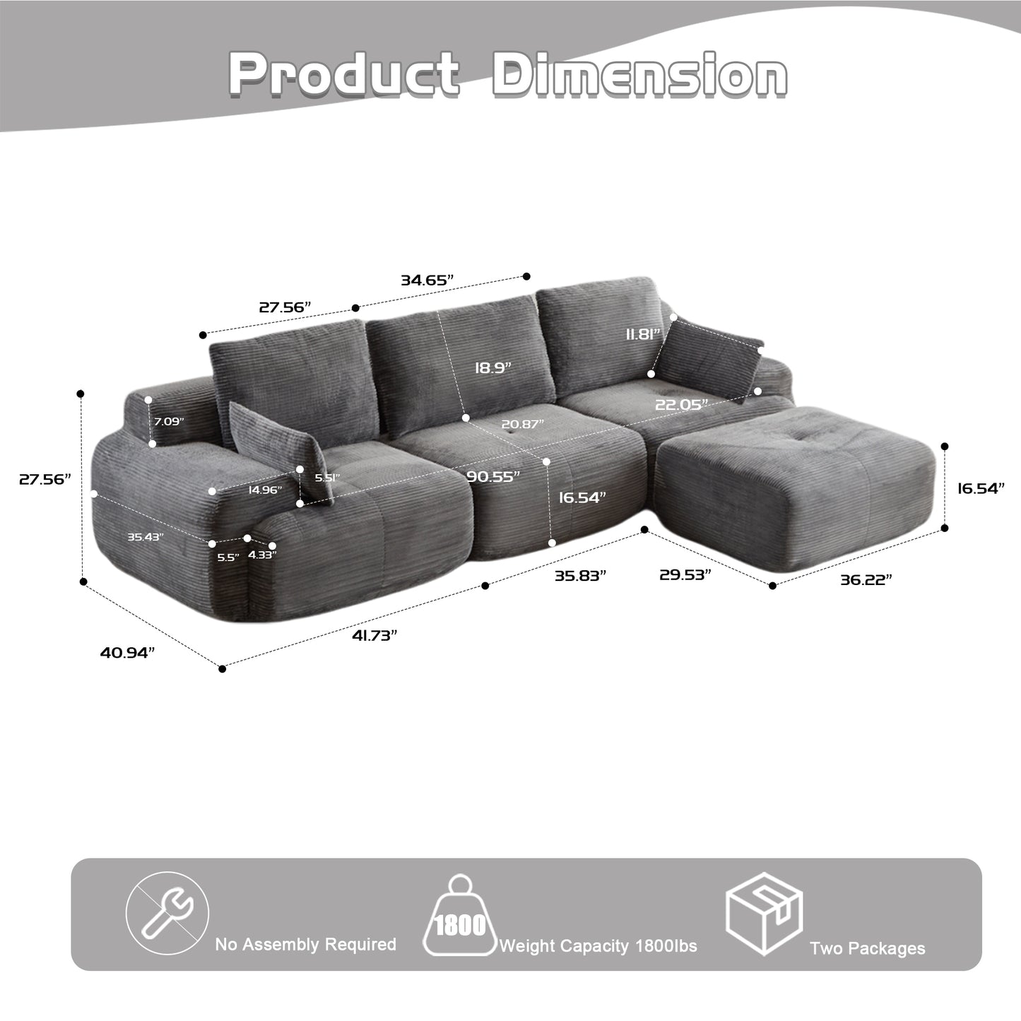 Modern Memory Foam Compressed Sofa,Large Sectional Couches For Living Room,Pet-Friendly Cloud Modular Sectional Sofa,Corduroy Fabric,Extra Deep Loveseat,No Assembly Required,GREY