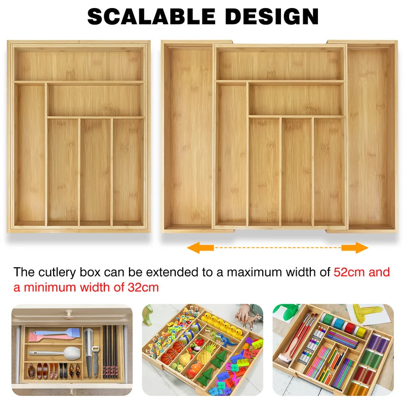 Wooden Bamboo Cutlery Tray,Kitchen Drawer Insert Large 6-8 Compartments, Utensil Holder Rack Organizer,for Home Office