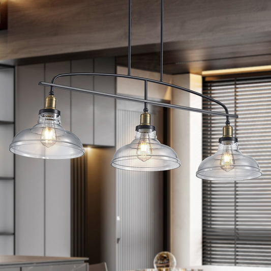 45  Industrial 3-Light Pendant Chandelier With Clear Glass Shades, Black Metal Frame, Adjustable Height, Modern Farmhouse Lighting For Kitchen Island, Dining Room, Or Living Room Bulb Not Included