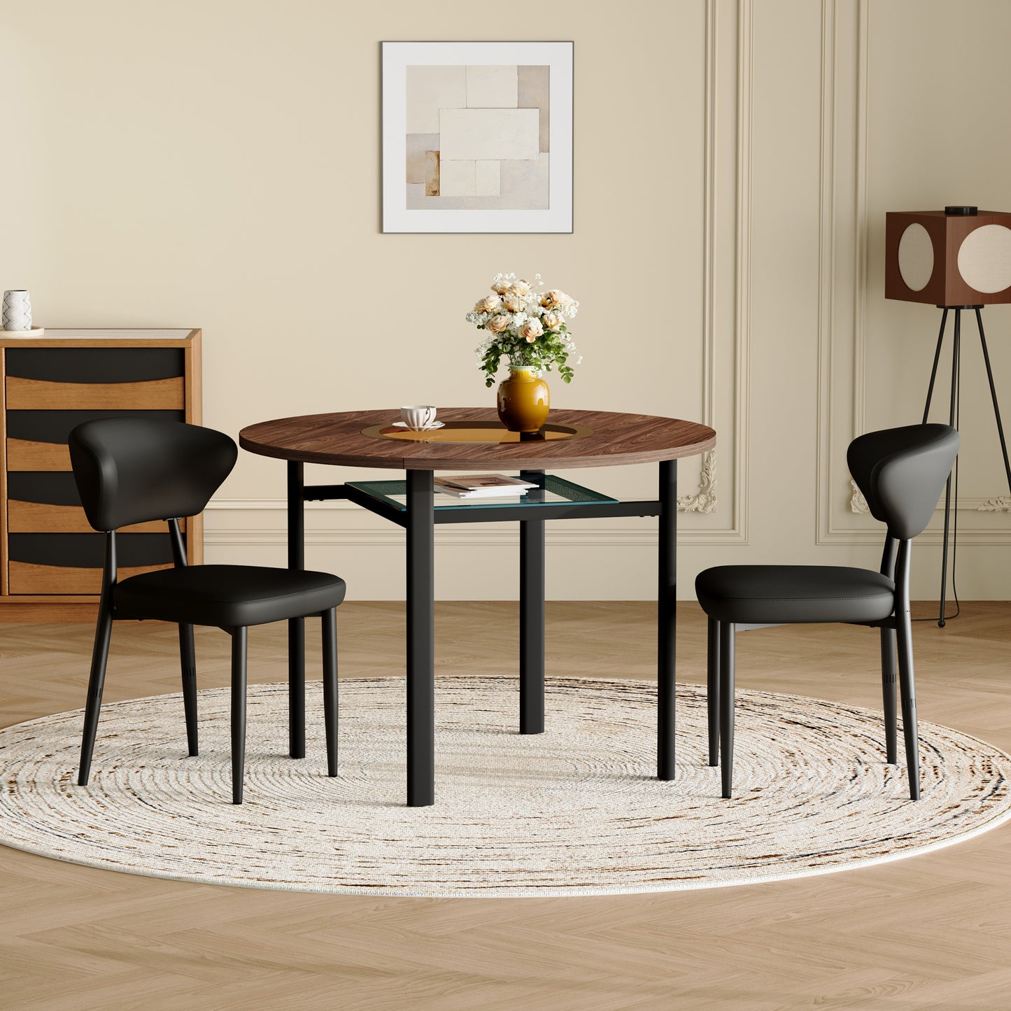 Modern Minimalist Round Table Set  With 2 Black Armchairs Made Of PU Material With Curved Backrest , Round Table With 100 Cm Diameter In Wood Look, Suitable For Dining Room & Kitchen.