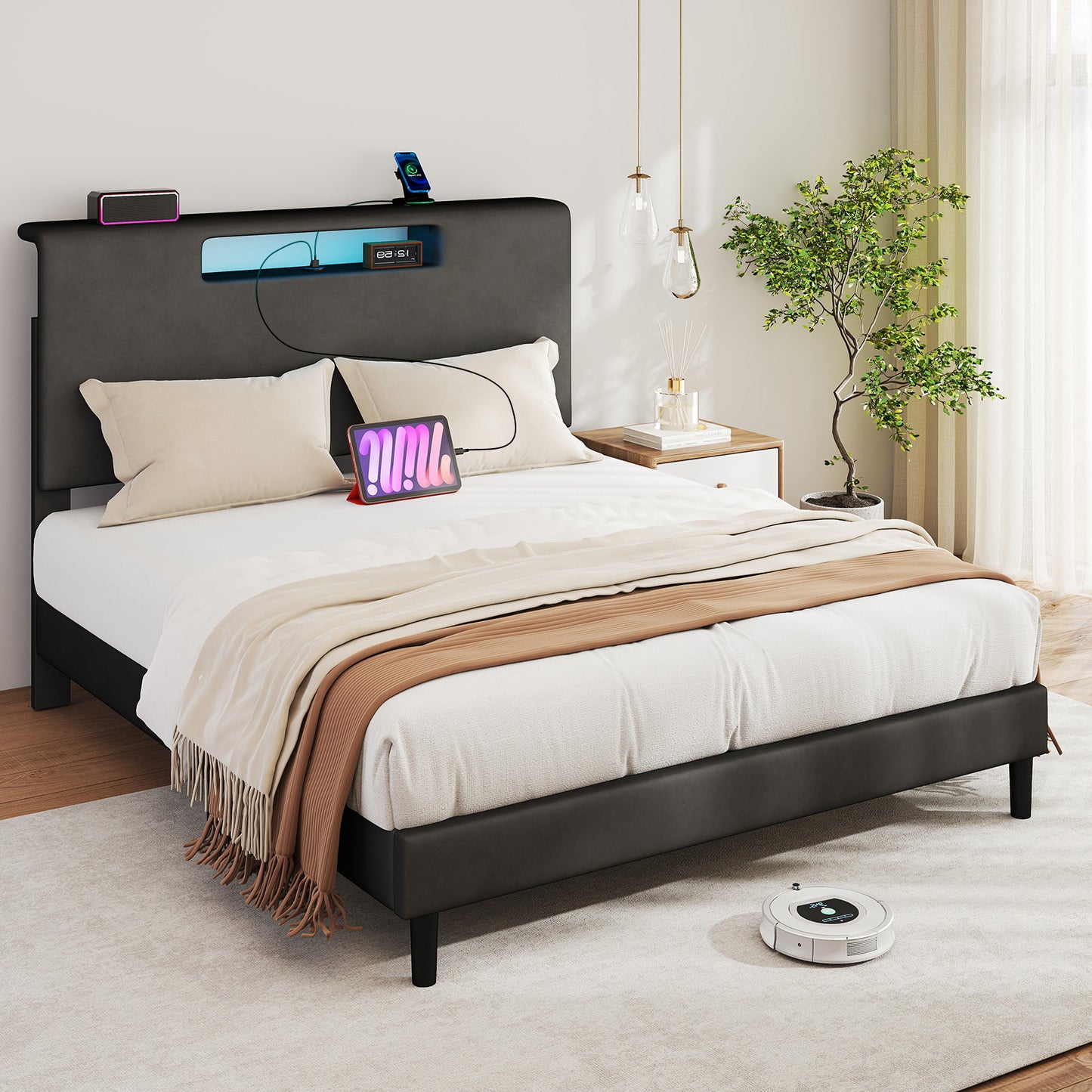 Queen Size Bed Frame With Charging Station And Adjustable LED Light Wood Slat Support Bed Frame With Upholstered Headboard No Box Spring Needed Easy Assembly