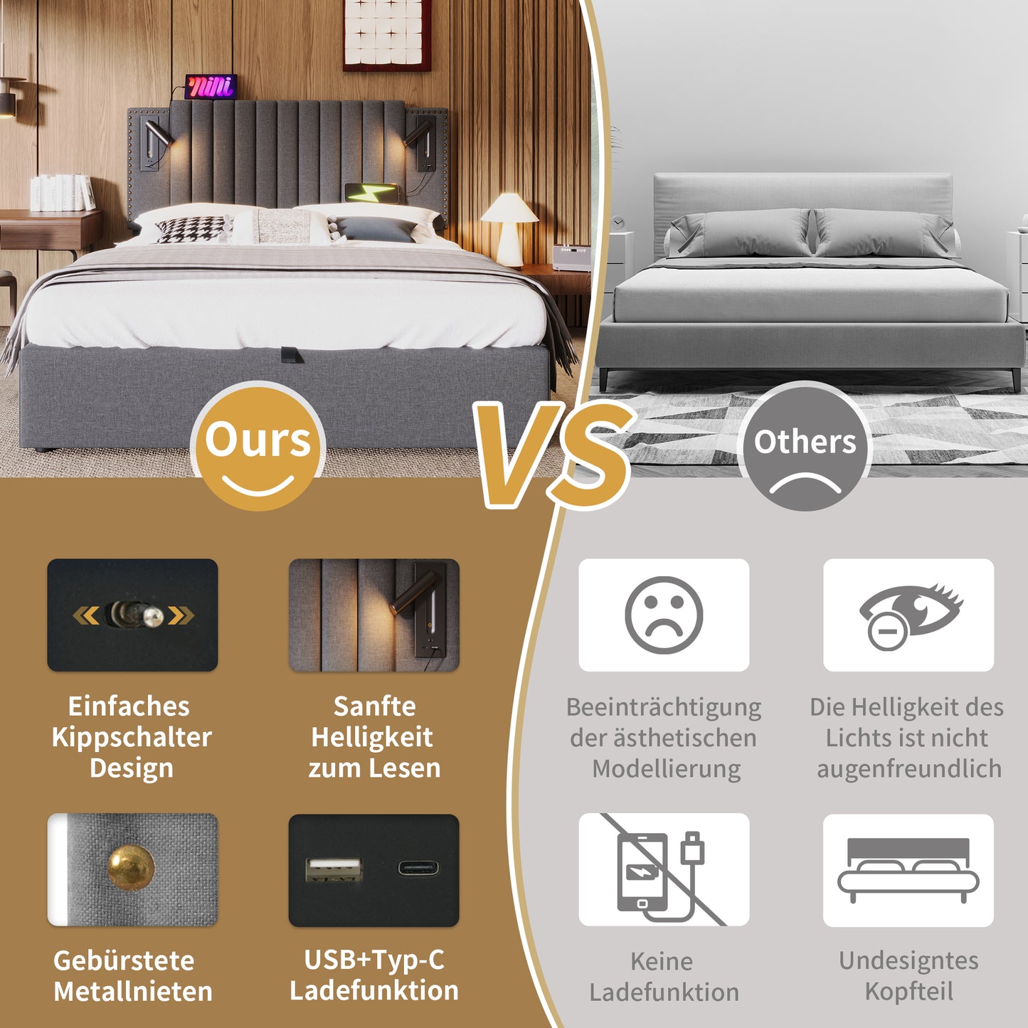 Upholstered Bed 140x200,double Bed Storage Storage Bed Box,reading Light With USB Charging Function Headboard,backrest With Rivet Design,bed With Slatted Base And Bed Base, Cotton, Grey Without Mattre