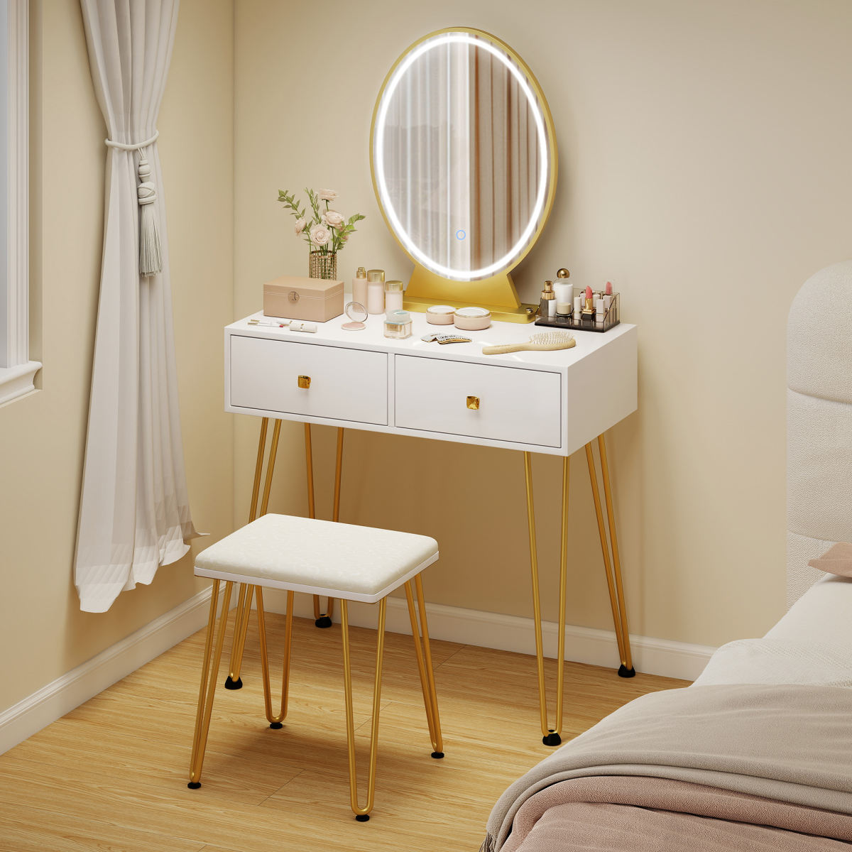 Dressing Table With LED Mirror And Cushioned Stool, Vanity Desk With Acrylic Lipstick Holder And 2 Drawers, Makeup Table For Bedroom, White
