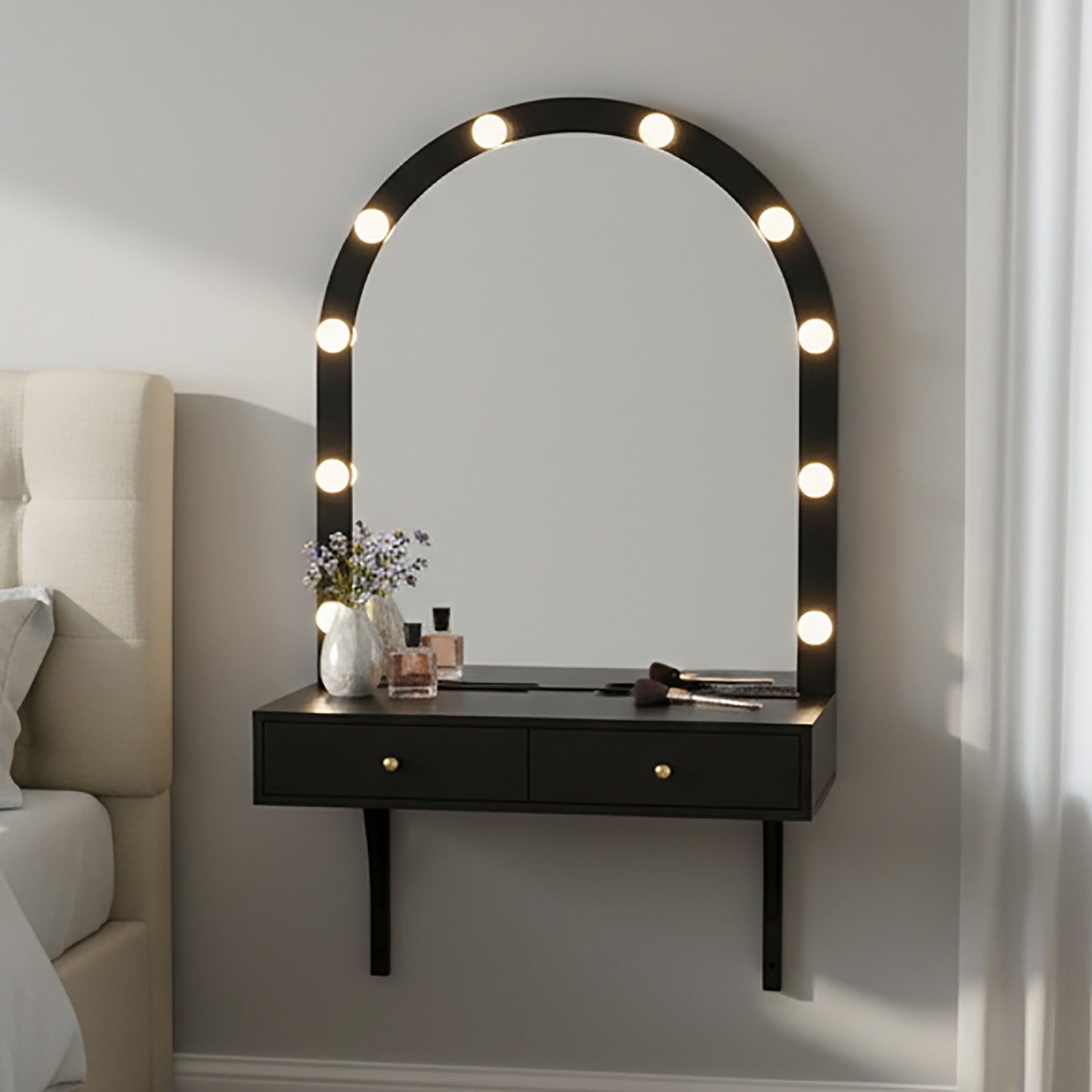 Floating Wall Mounted Makeup Vanity Desk With LED Mirror 3 Color Lights, Compact Dressing Table With Power Outlet & USB Charging, Space Saving Large Storage Vanity For Bedroom Bathroom, Black