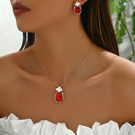 Sweet Dainty Pastoral Korean Women Jewelry Set, Unique Floral Design Inlaid Cubic Zirconia, Matching Earrings & Clavicle Chain