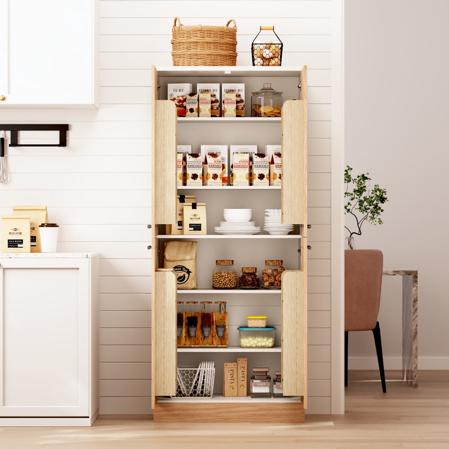 Kitchen Pantry Cabinet, Tall Kitchen Cabinet 4-door, Refrigerator-like Pantry Cabinet With Adjustable Shelves, Large Dining Cabinet With Metal Handles & Tilt Protection, 76x42x180cm, Oak Look