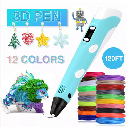 3D Printing Pen Set Doodle PLA Filament Printer Drawing 12 Colours Kids Gift --Blue Pen-36m PLA Filaments