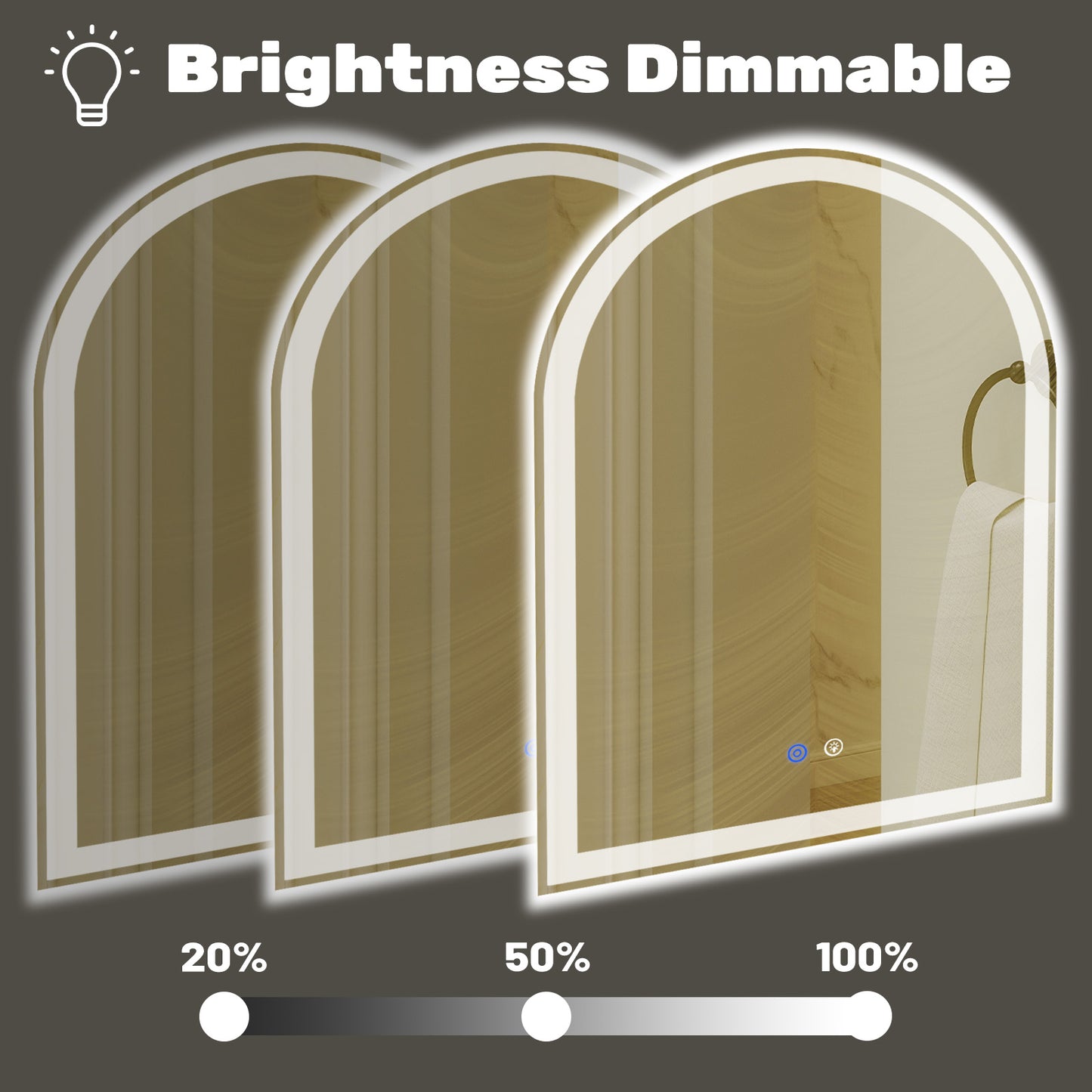 Smart Anti-fog LED Bathroom Mirror Arch Shape Dual Light 3 Color Temperatures Memory Dimming