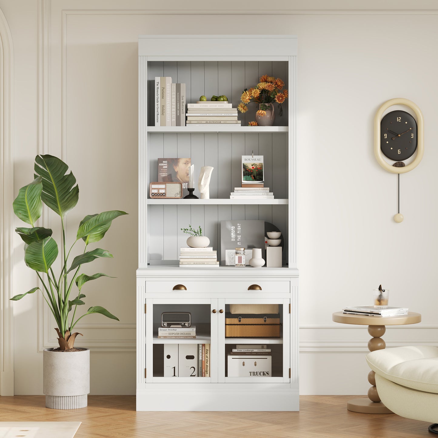 83.4Tall Bookshelf, Modern Bookcase With 2 Glass Doors And 1 Drawer,Storage Bookcase With Open Shelves For Living Room,Home Office,White